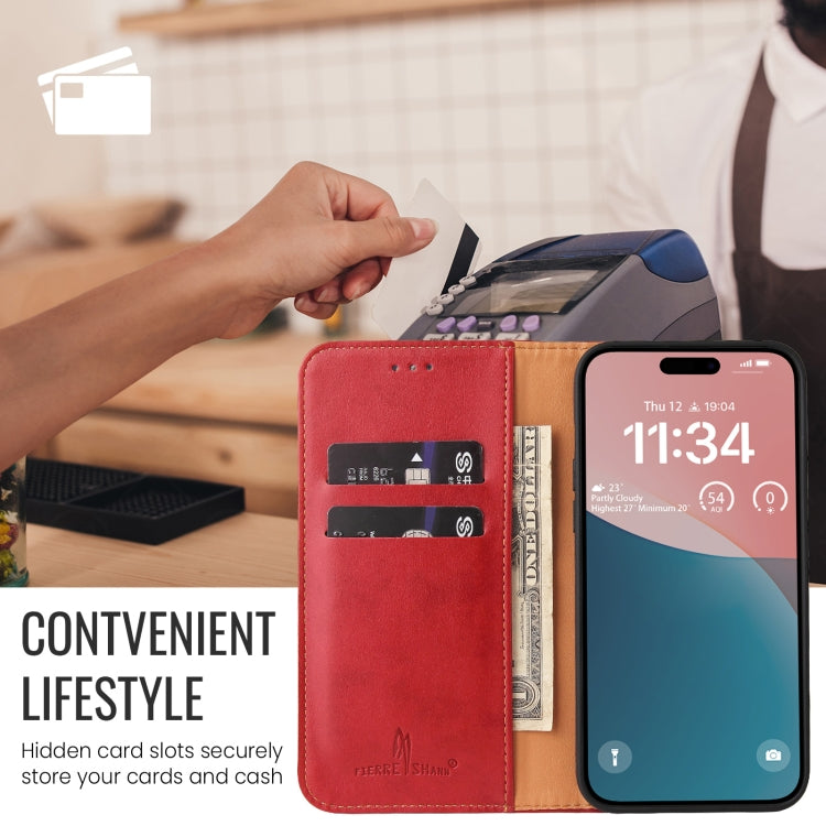 For iPhone 16 Pro Fierre Shann PU Genuine Leather Texture Phone Case(Red) - iPhone 16 Pro Cases by FIERRE SHANN | Online Shopping UK | buy2fix