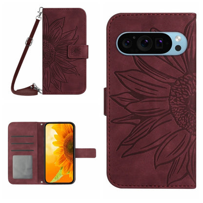 For Google Pixel 9 Pro Skin Feel Sun Flower Embossed Flip Leather Phone Case with Lanyard(Wine Red) - Google Cases by buy2fix | Online Shopping UK | buy2fix