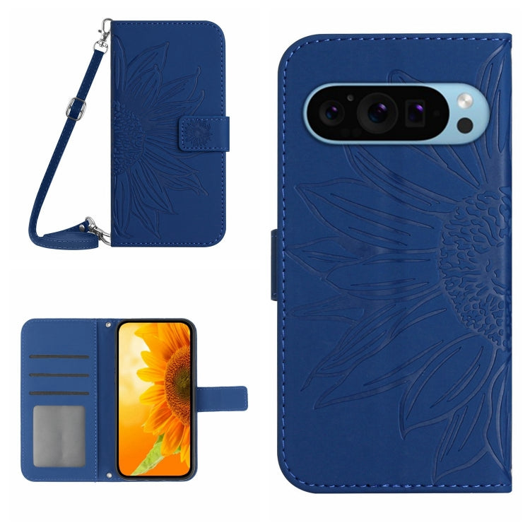 For Google Pixel 9 Pro XL Skin Feel Sun Flower Embossed Flip Leather Phone Case with Lanyard(Dark Blue) - Google Cases by buy2fix | Online Shopping UK | buy2fix