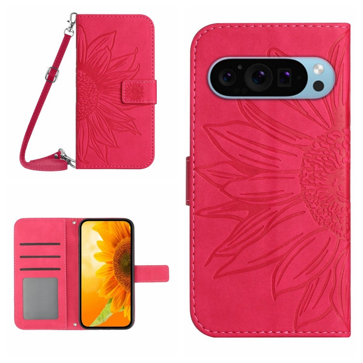 For Google Pixel 9 Pro XL Skin Feel Sun Flower Embossed Flip Leather Phone Case with Lanyard(Rose Red) - Google Cases by buy2fix | Online Shopping UK | buy2fix