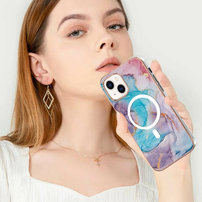 For iPhone 15 Marble Pattern Dual-side IMD Magsafe TPU Phone Case(Blue Marble) - iPhone 15 Cases by buy2fix | Online Shopping UK | buy2fix