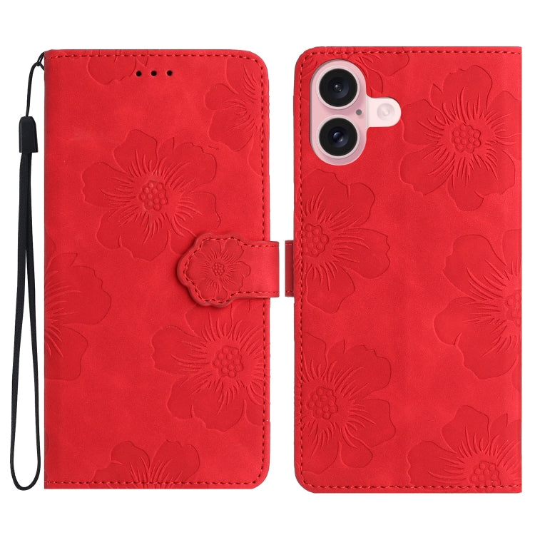 For iPhone 16 Flower Embossing Pattern Leather Phone Case(Red) - iPhone 16 Cases by buy2fix | Online Shopping UK | buy2fix