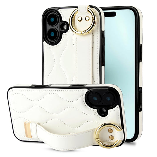 For iPhone 16 Plus Non-slip Full Coverage Ring PU Phone Case with Wristband(White) - iPhone 16 Plus Cases by buy2fix | Online Shopping UK | buy2fix