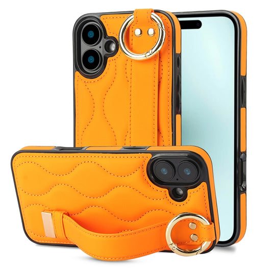 For iPhone 16 Plus Non-slip Full Coverage Ring PU Phone Case with Wristband(Orange) - iPhone 16 Plus Cases by buy2fix | Online Shopping UK | buy2fix