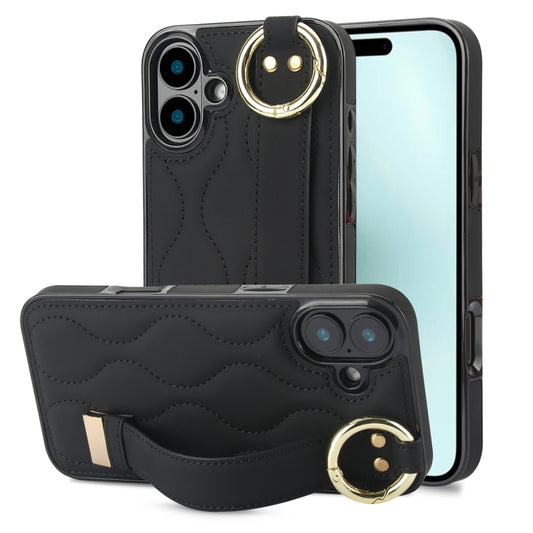 For iPhone 16 Non-slip Full Coverage Ring PU Phone Case with Wristband(Black) - iPhone 16 Cases by buy2fix | Online Shopping UK | buy2fix