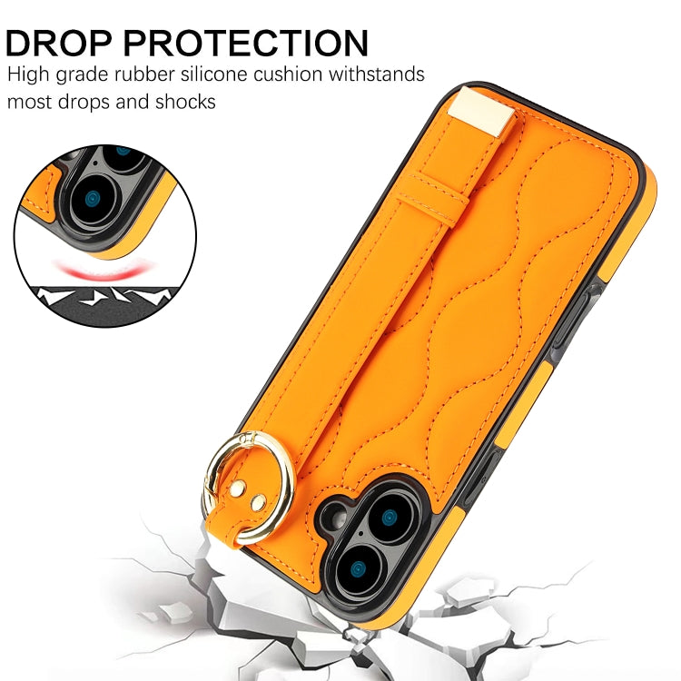 For iPhone 16 Non-slip Full Coverage Ring PU Phone Case with Wristband(Orange) - iPhone 16 Cases by buy2fix | Online Shopping UK | buy2fix