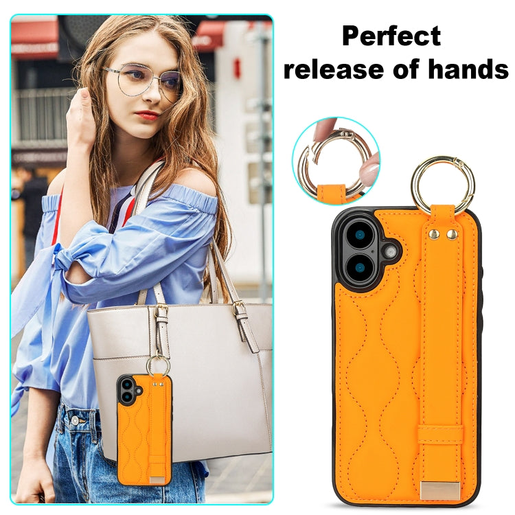 For iPhone 16 Non-slip Full Coverage Ring PU Phone Case with Wristband(Orange) - iPhone 16 Cases by buy2fix | Online Shopping UK | buy2fix