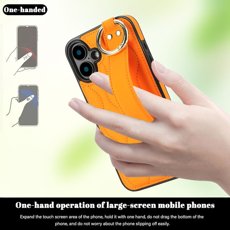 For iPhone 16 Non-slip Full Coverage Ring PU Phone Case with Wristband(Orange) - iPhone 16 Cases by buy2fix | Online Shopping UK | buy2fix