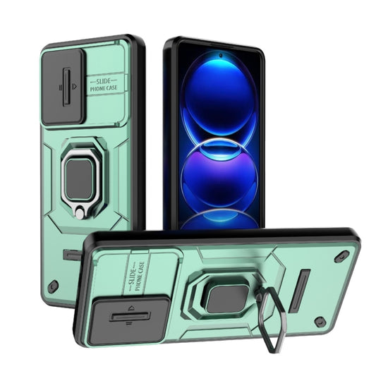 For Xiaomi Redmi Note 12 Pro+ 5G Global Sliding Camshield TPU + PC Shockproof Phone Case with Holder(Green) - Xiaomi Cases by buy2fix | Online Shopping UK | buy2fix