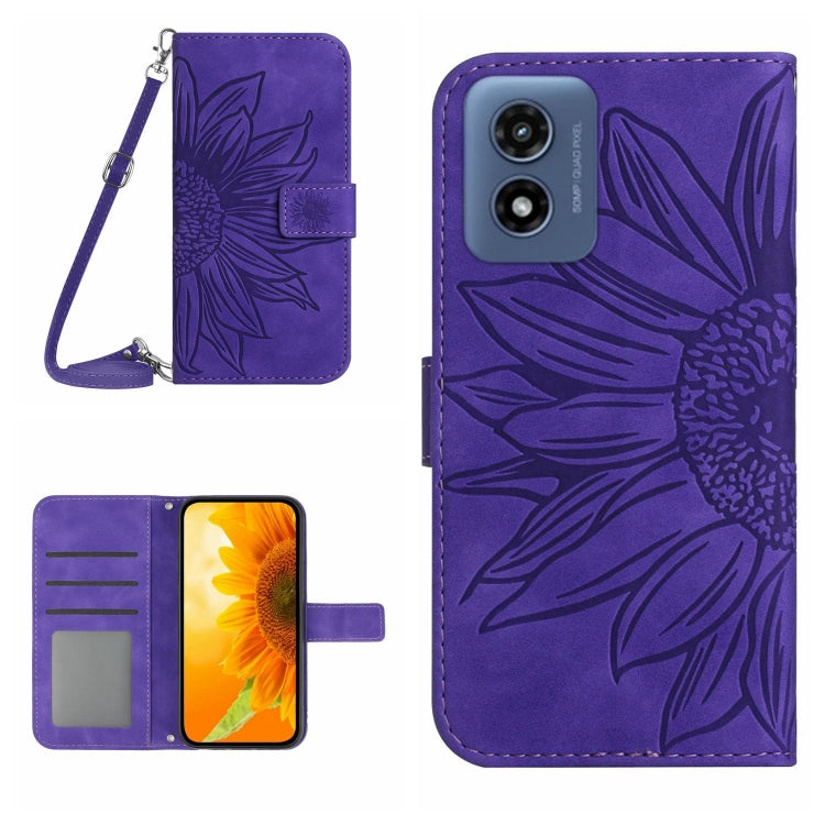 For Motorola Moto G Play 4G 2024 HT04 Skin Feel Sun Flower Embossed Flip Leather Phone Case with Lanyard(Dark Purple) - Motorola Cases by buy2fix | Online Shopping UK | buy2fix