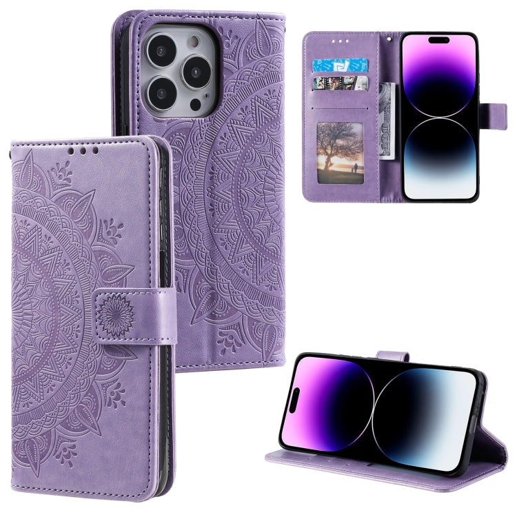 For iPhone 16 Pro Totem Flower Embossed Leather Phone Case(Purple) - iPhone 16 Pro Cases by buy2fix | Online Shopping UK | buy2fix