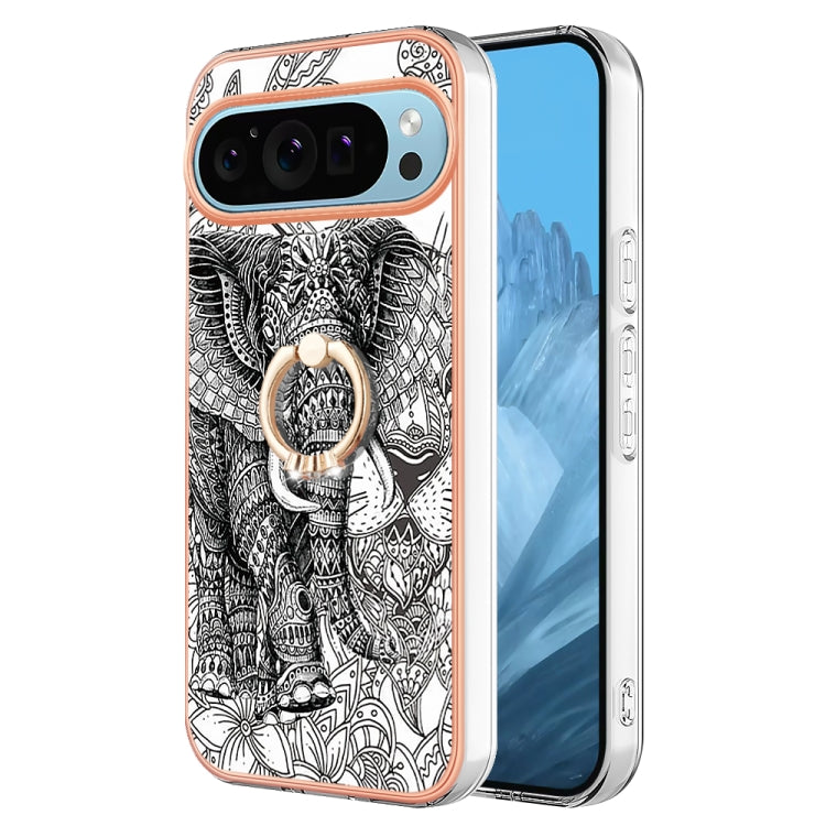 For Google Pixel 9 Pro XL Electroplating Dual-side IMD Phone Case with Ring Holder(Totem Elephant) - Google Cases by buy2fix | Online Shopping UK | buy2fix