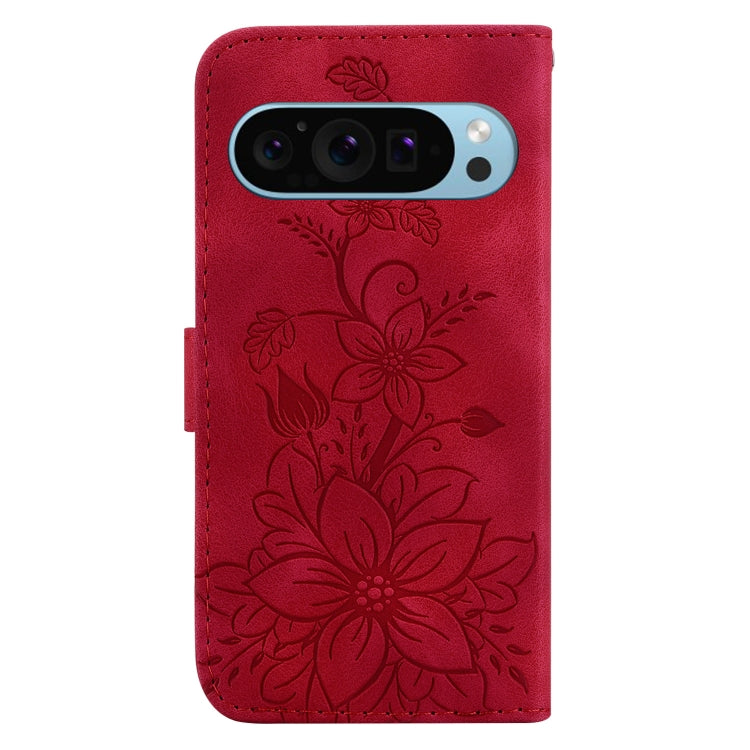 For Google Pixel 9 Pro Lily Embossed Leather Phone Case(Red) - Google Cases by buy2fix | Online Shopping UK | buy2fix