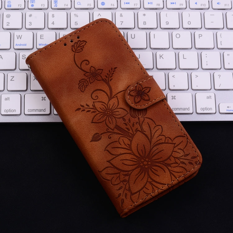 For iPhone 16 Plus Lily Embossed Leather Phone Case(Brown) - iPhone 16 Plus Cases by buy2fix | Online Shopping UK | buy2fix