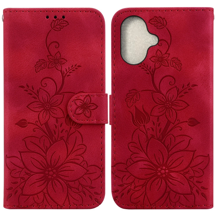 For iPhone 16 Lily Embossed Leather Phone Case(Red) - iPhone 16 Cases by buy2fix | Online Shopping UK | buy2fix