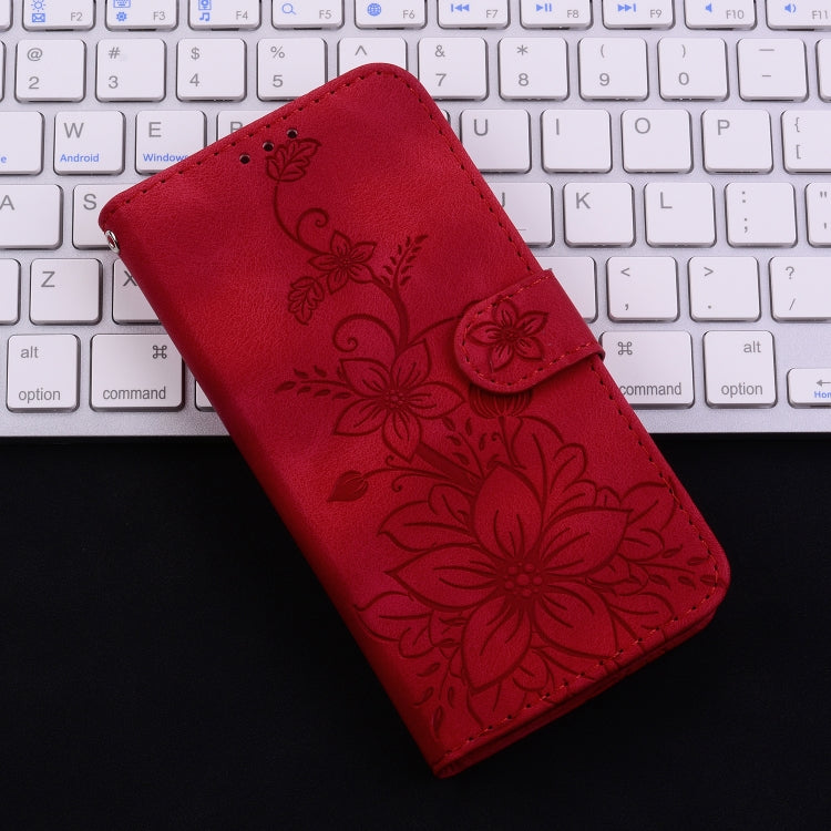 For iPhone 16 Lily Embossed Leather Phone Case(Red) - iPhone 16 Cases by buy2fix | Online Shopping UK | buy2fix