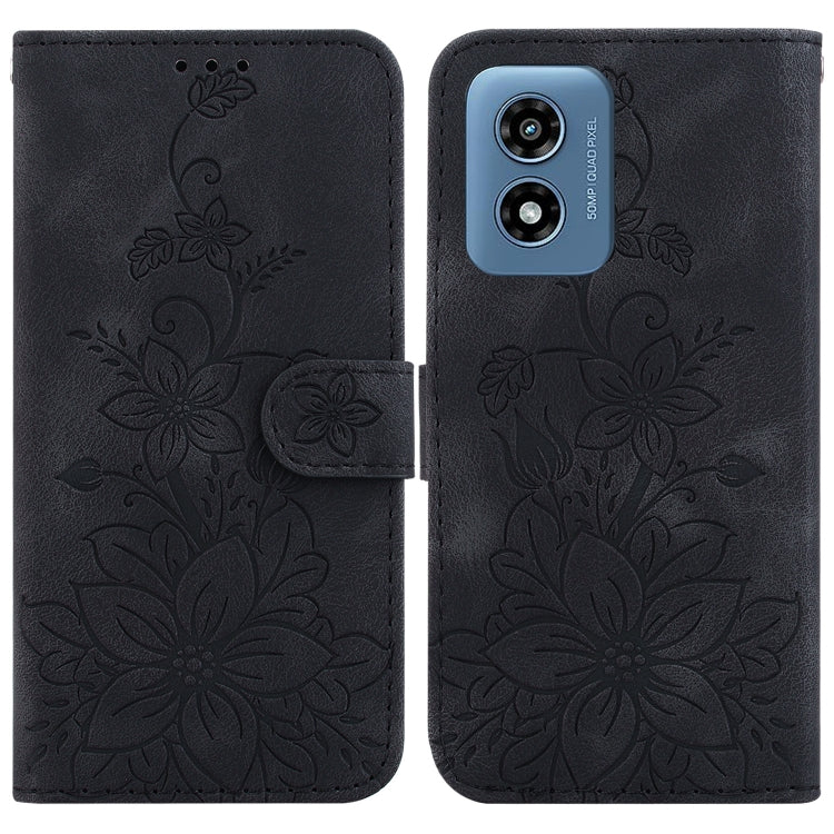 For Motorola Moto G Play 4G 2024 Lily Embossed Leather Phone Case(Black) - Motorola Cases by buy2fix | Online Shopping UK | buy2fix