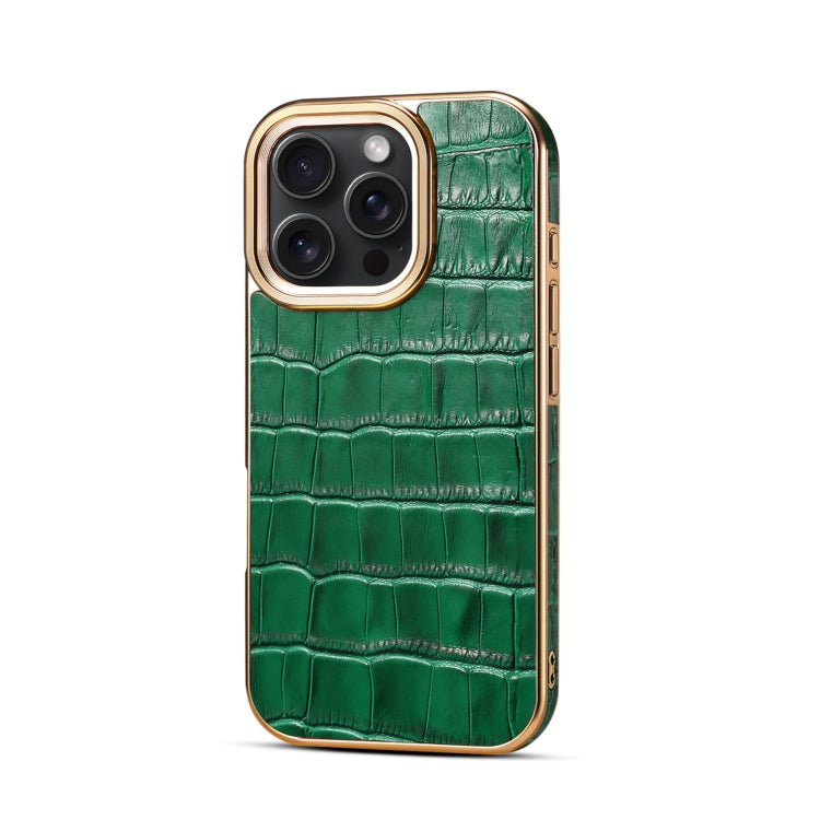 For iPhone 16 Pro Max Denior Crocodile Texture Genuine Leather Electroplating Phone Case(Green) - More iPhone Cases by Denior | Online Shopping UK | buy2fix