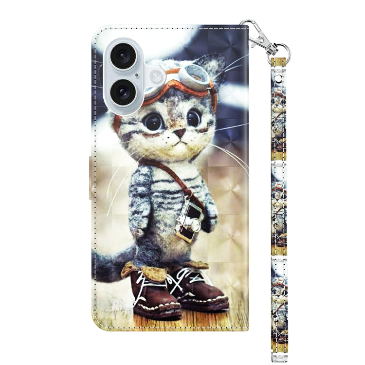 For iPhone 16 3D Painted Leather Phone Case(Naughty Cat) - iPhone 16 Cases by buy2fix | Online Shopping UK | buy2fix