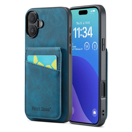 For iPhone 16 Plus Fierre Shann Crazy Horse Card Holder Back Cover PU Phone Case(Blue) - iPhone 16 Plus Cases by FIERRE SHANN | Online Shopping UK | buy2fix