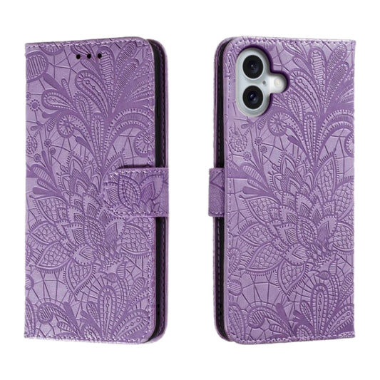 For iPhone 16 Plus Lace Flower Embossing Flip Leather Phone Case(Purple) - iPhone 16 Plus Cases by buy2fix | Online Shopping UK | buy2fix