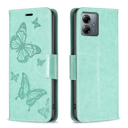 For Motorola Moto G14 4G Embossing Two Butterflies Pattern Leather Phone Case(Green) - Motorola Cases by buy2fix | Online Shopping UK | buy2fix