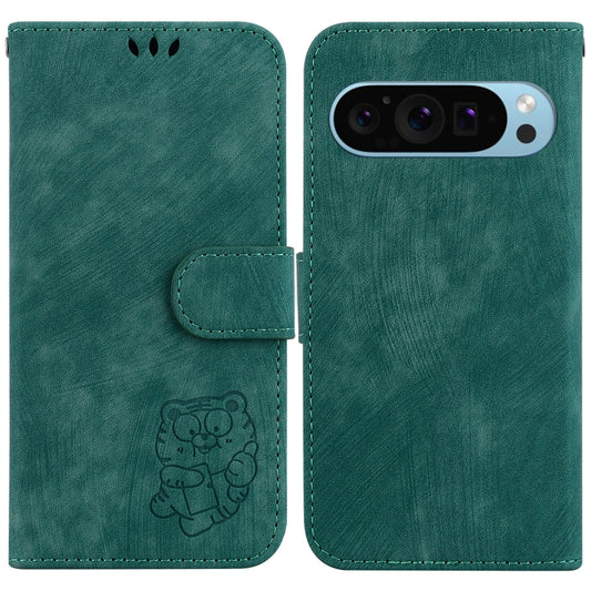 For Google Pixel 9 Little Tiger Embossed Leather Phone Case(Green) - Google Cases by buy2fix | Online Shopping UK | buy2fix