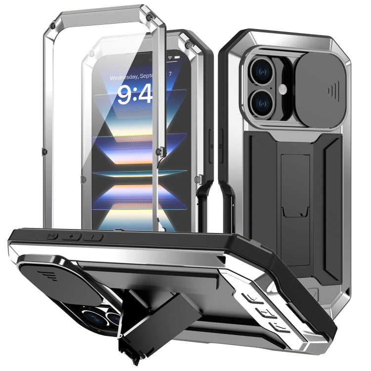 For iPhone 16 Plus R-JUST Sliding Camera IP54 Life Waterproof Holder Phone Case(Silver) - iPhone 16 Plus Cases by R-JUST | Online Shopping UK | buy2fix