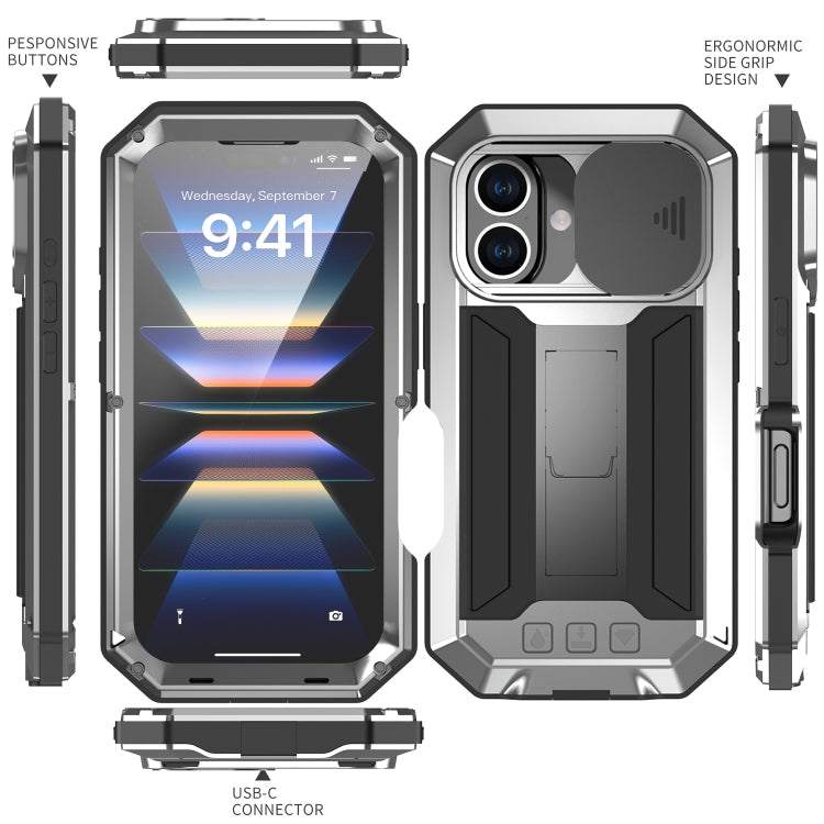 For iPhone 16 Plus R-JUST Sliding Camera IP54 Life Waterproof Holder Phone Case(Silver) - iPhone 16 Plus Cases by R-JUST | Online Shopping UK | buy2fix