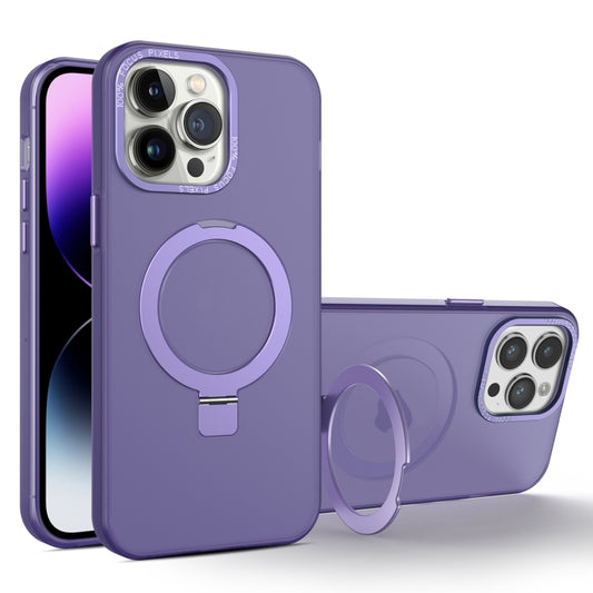 For iPhone 14 Pro MagSafe Metal Holder Frosted Translucent Phone Case(Dark Purple) - iPhone 14 Pro Cases by buy2fix | Online Shopping UK | buy2fix