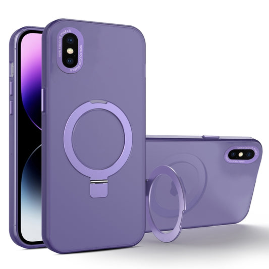 For iPhone XS / X MagSafe Metal Holder Frosted Translucent Phone Case(Dark Purple) - More iPhone Cases by buy2fix | Online Shopping UK | buy2fix