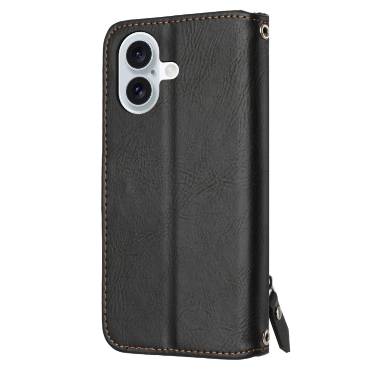 For iPhone 16 Oil Skin Zipper Wallet Leather Phone Case(Black) - iPhone 16 Cases by buy2fix | Online Shopping UK | buy2fix