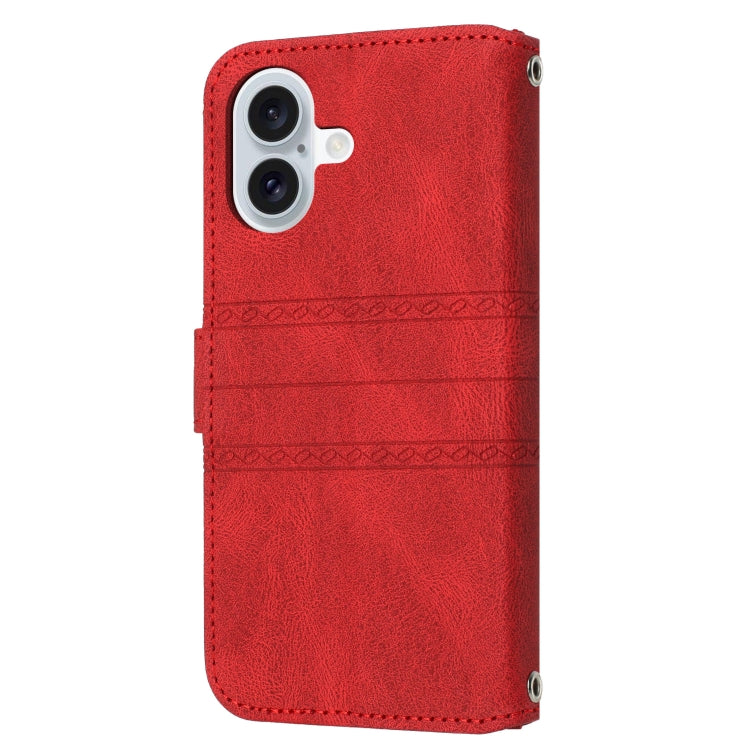 For iPhone 16 Embossed Stripes Skin Feel Leather Phone Case(Red) - iPhone 16 Cases by buy2fix | Online Shopping UK | buy2fix