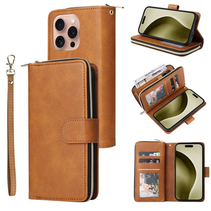 For iPhone 16 Pro 9 Card Slots Zipper Wallet Bag Leather Phone Case(Brown) - iPhone 16 Pro Cases by buy2fix | Online Shopping UK | buy2fix