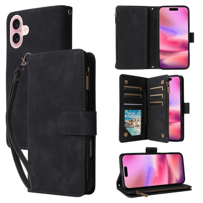 For iPhone 16 Plus Crossbody Multi-card Slot Wallet Zipper Leather Phone Case(Black) - iPhone 16 Plus Cases by buy2fix | Online Shopping UK | buy2fix