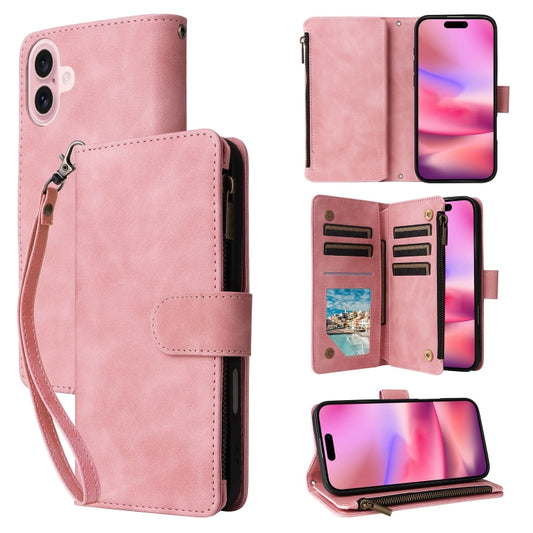 For iPhone 16 Plus Crossbody Multi-card Slot Wallet Zipper Leather Phone Case(Pink) - iPhone 16 Plus Cases by buy2fix | Online Shopping UK | buy2fix