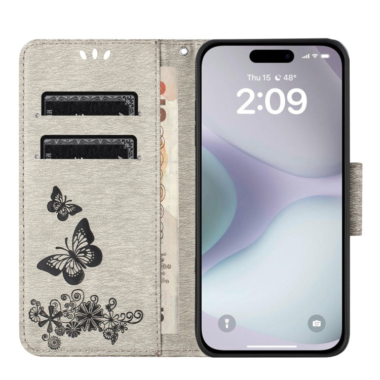 For iPhone 16 Butterfly Embossed Flip Leather Phone Case(Grey) - iPhone 16 Cases by buy2fix | Online Shopping UK | buy2fix