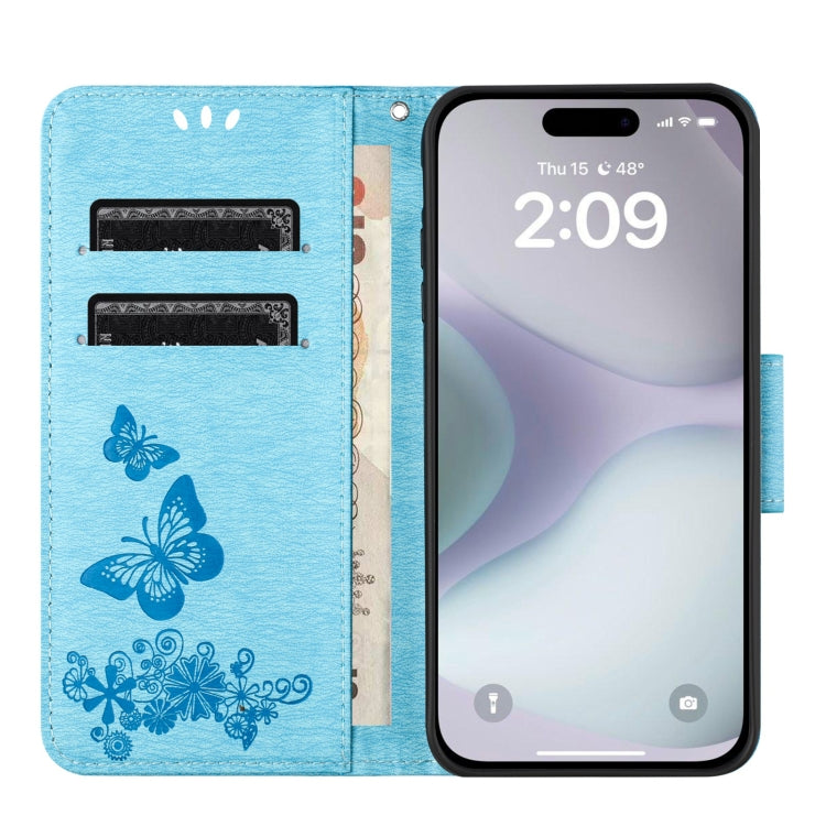 For iPhone 16 Plus Butterfly Embossed Flip Leather Phone Case(Blue) - iPhone 16 Plus Cases by buy2fix | Online Shopping UK | buy2fix