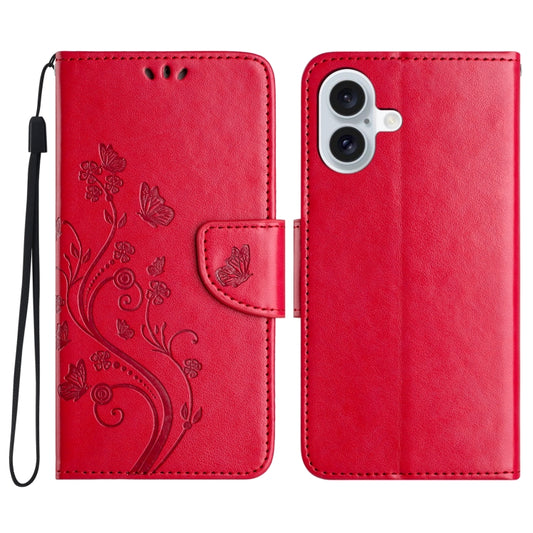 For iPhone 16 Butterfly Flower Pattern Flip Leather Phone Case(Red) - iPhone 16 Cases by buy2fix | Online Shopping UK | buy2fix