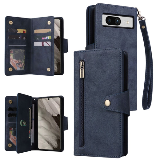 For Google Pixel 8 Rivet Buckle 9 Cards Three Fold Leather Phone Case(Blue) - Google Cases by buy2fix | Online Shopping UK | buy2fix