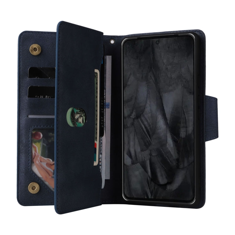 For Google Pixel 8 Pro Rivet Buckle 9 Cards Three Fold Leather Phone Case(Blue) - Google Cases by buy2fix | Online Shopping UK | buy2fix