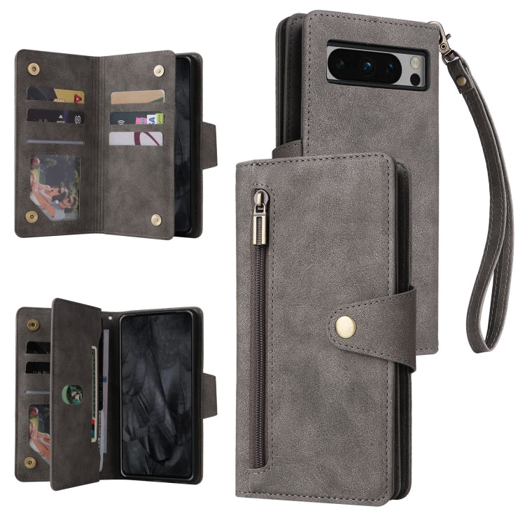 For Google Pixel 8 Pro Rivet Buckle 9 Cards Three Fold Leather Phone Case(Grey) - Google Cases by buy2fix | Online Shopping UK | buy2fix