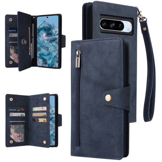 For Google Pixel 8a Rivet Buckle 9 Cards Three Fold Leather Phone Case(Blue) - Google Cases by buy2fix | Online Shopping UK | buy2fix