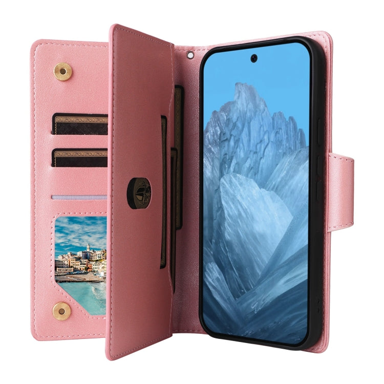 For Google Pixel 9 Rivet Buckle 9 Cards Three Fold Leather Phone Case(Rose Gold) - Google Cases by buy2fix | Online Shopping UK | buy2fix