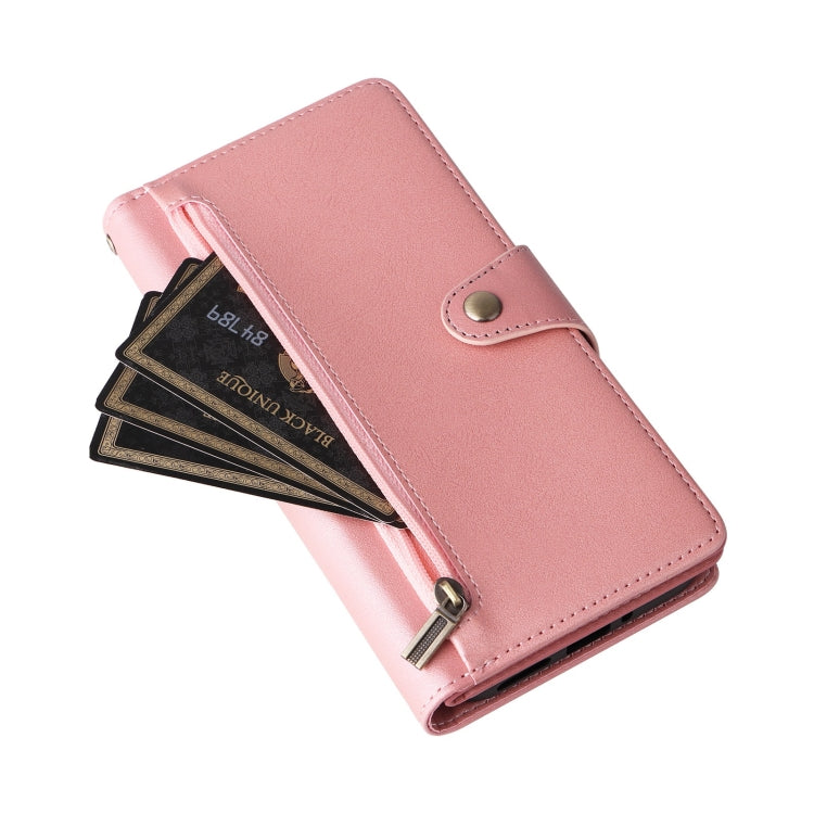 For Google Pixel 9 Rivet Buckle 9 Cards Three Fold Leather Phone Case(Rose Gold) - Google Cases by buy2fix | Online Shopping UK | buy2fix