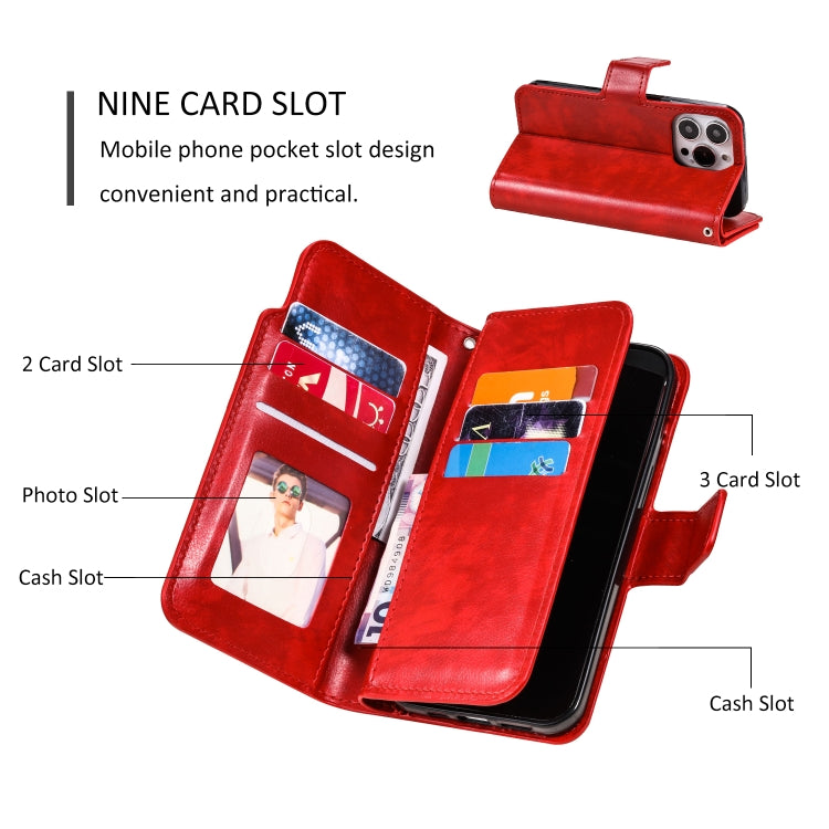 For iPhone 16 Pro Tri-Fold 9-Card Wallets Leather Phone Case(Red) - iPhone 16 Pro Cases by buy2fix | Online Shopping UK | buy2fix