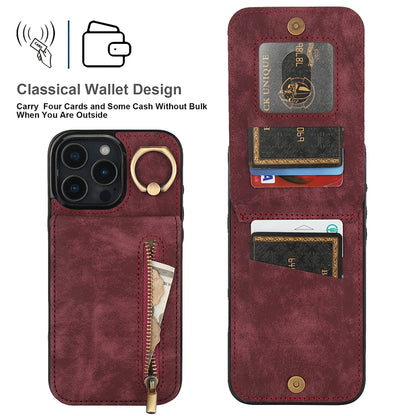 For iPhone 16 Pro Retro Ring and Zipper RFID Card Slot Phone Case(Wine Red) - iPhone 16 Pro Cases by buy2fix | Online Shopping UK | buy2fix