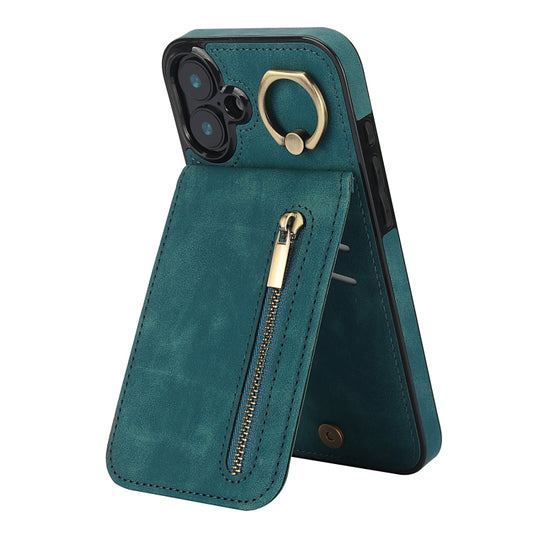 For iPhone 16 Plus Retro Ring and Zipper RFID Card Slot Phone Case(Blue) - iPhone 16 Plus Cases by buy2fix | Online Shopping UK | buy2fix