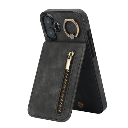 For iPhone 16 Retro Ring and Zipper RFID Card Slot Phone Case(Black) - iPhone 16 Cases by buy2fix | Online Shopping UK | buy2fix