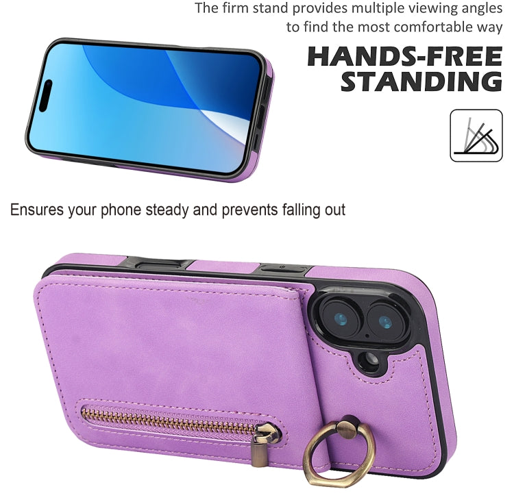 For iPhone 16 Retro Ring and Zipper RFID Card Slot Phone Case(Purple) - iPhone 16 Cases by buy2fix | Online Shopping UK | buy2fix